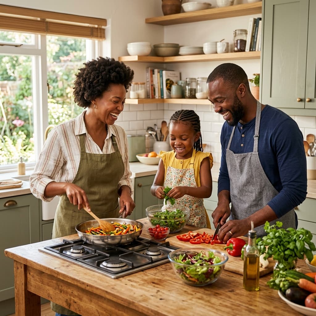 Family preparing fresh groceries together